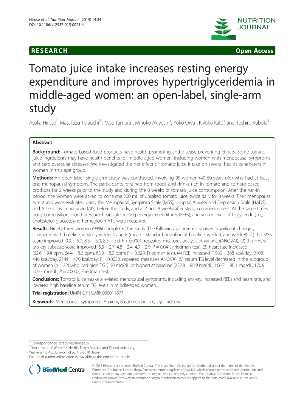 Tomato Juice Intake Increases Resting Energy