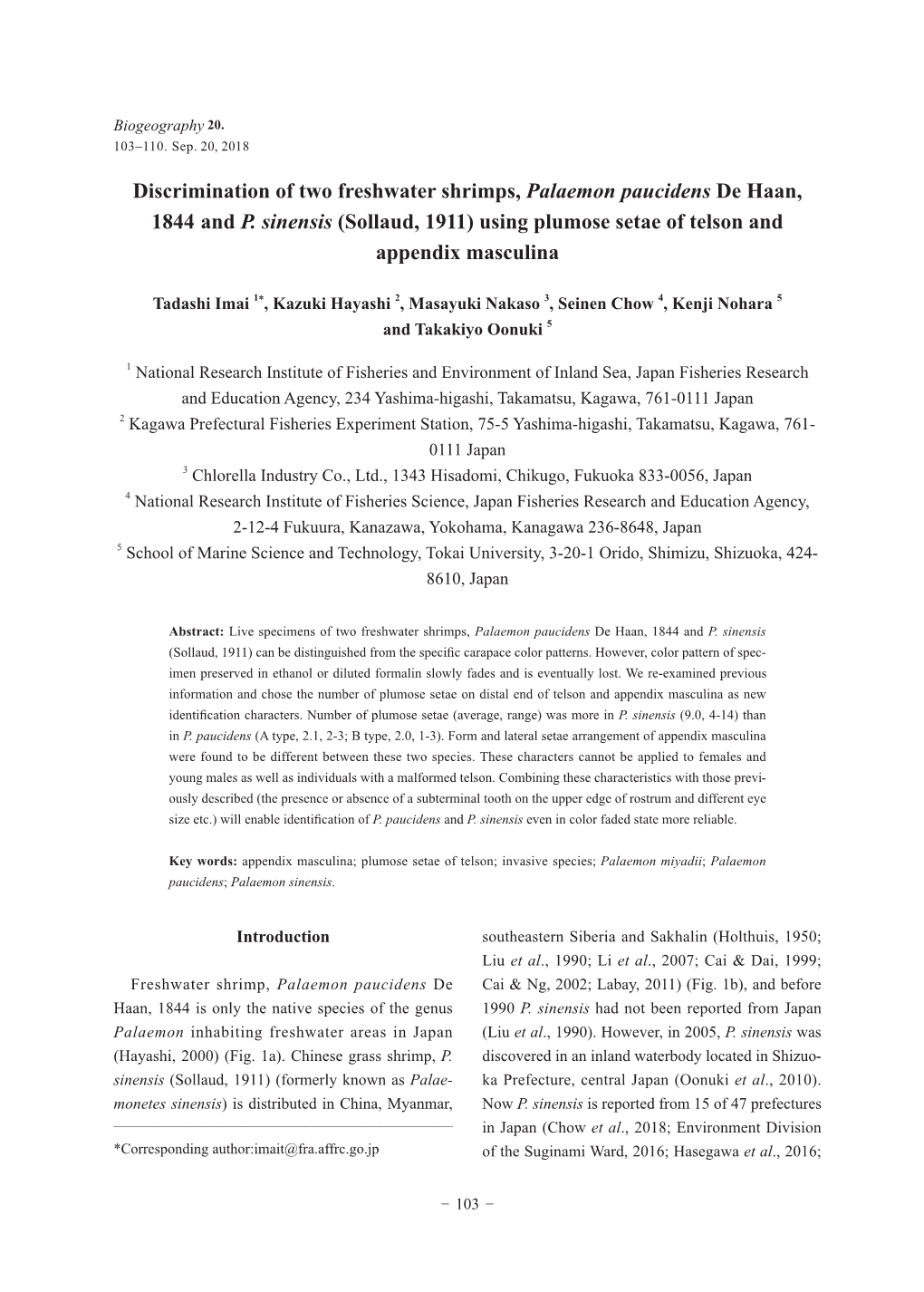 Discrimination of Two Freshwater Shrimps, Palaemon Paucidens De Haan, 1844 and P. Sinensis (Sollaud, 1911) Using Plumose Setae of Telson and Appendix Masculina