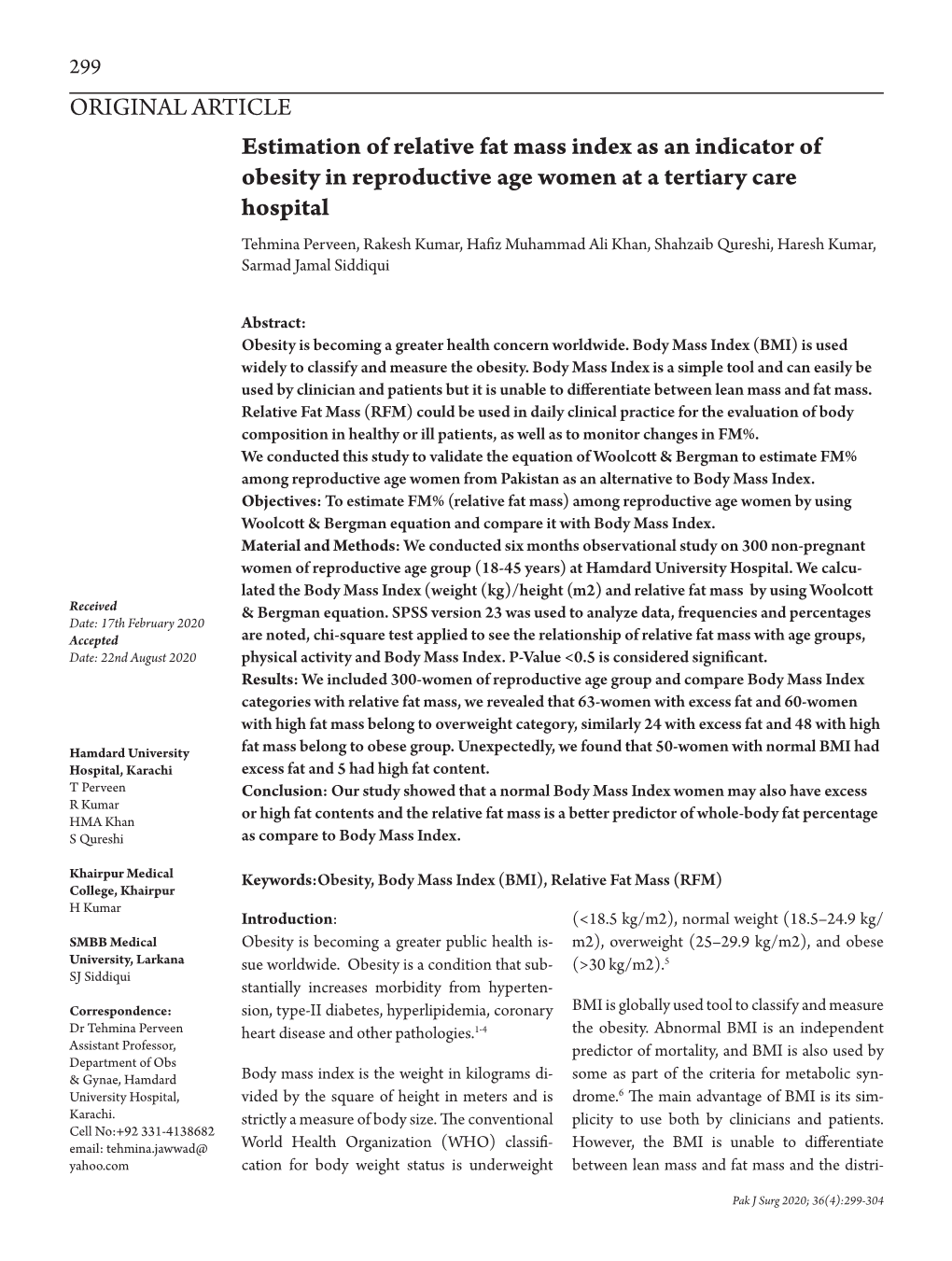 Estimation of Relative Fat Mass Index As an Indicator of Obesity In