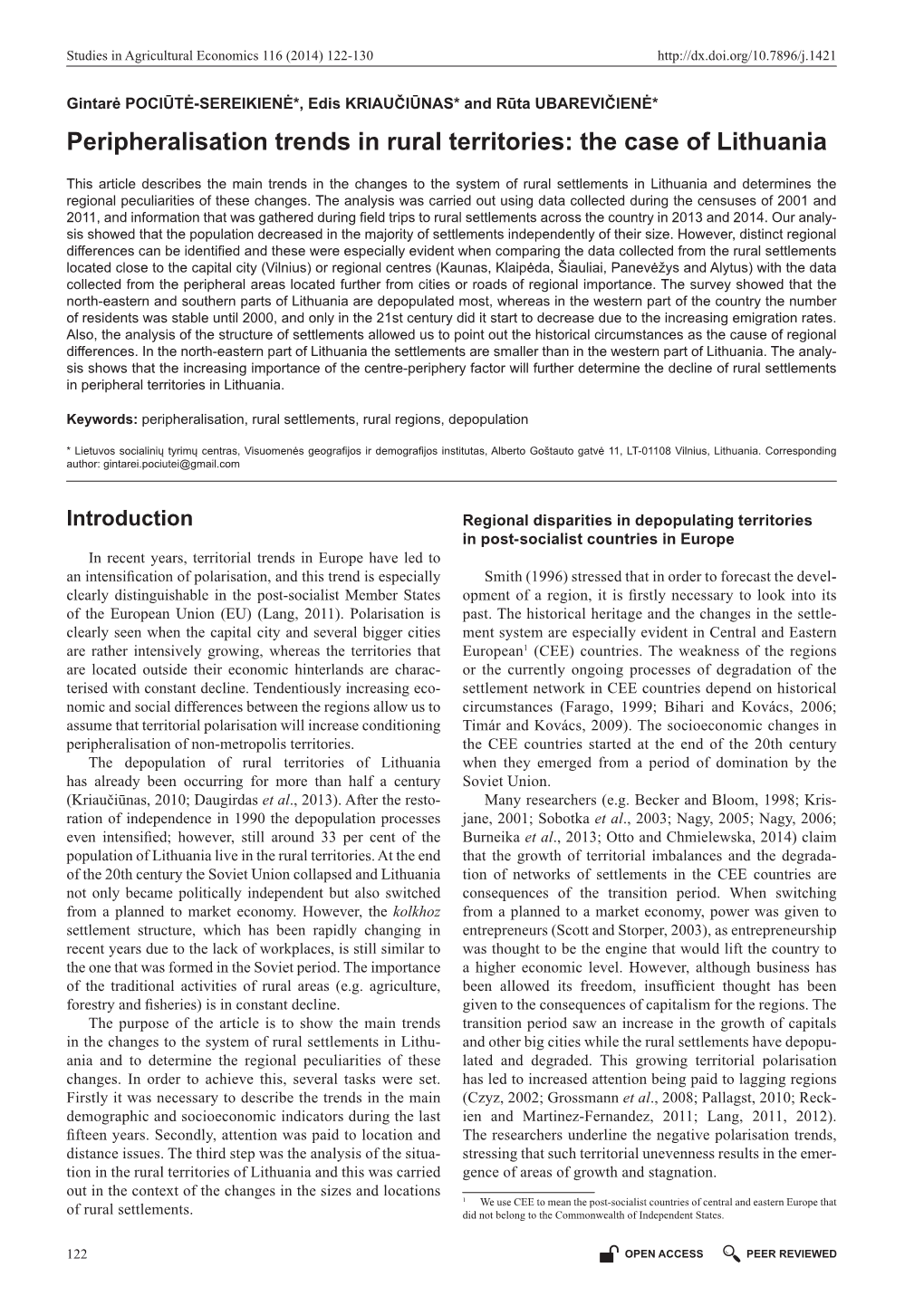 Peripheralisation Trends in Rural Territories: the Case of Lithuania