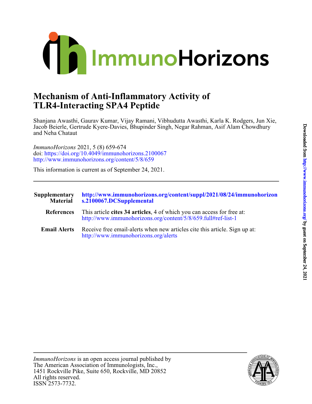 TLR4-Interacting SPA4 Peptide Mechanism of Anti-Inflammatory