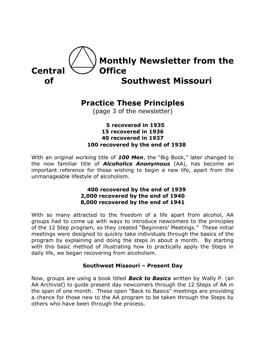 Monthly Newsletter from the Central Office