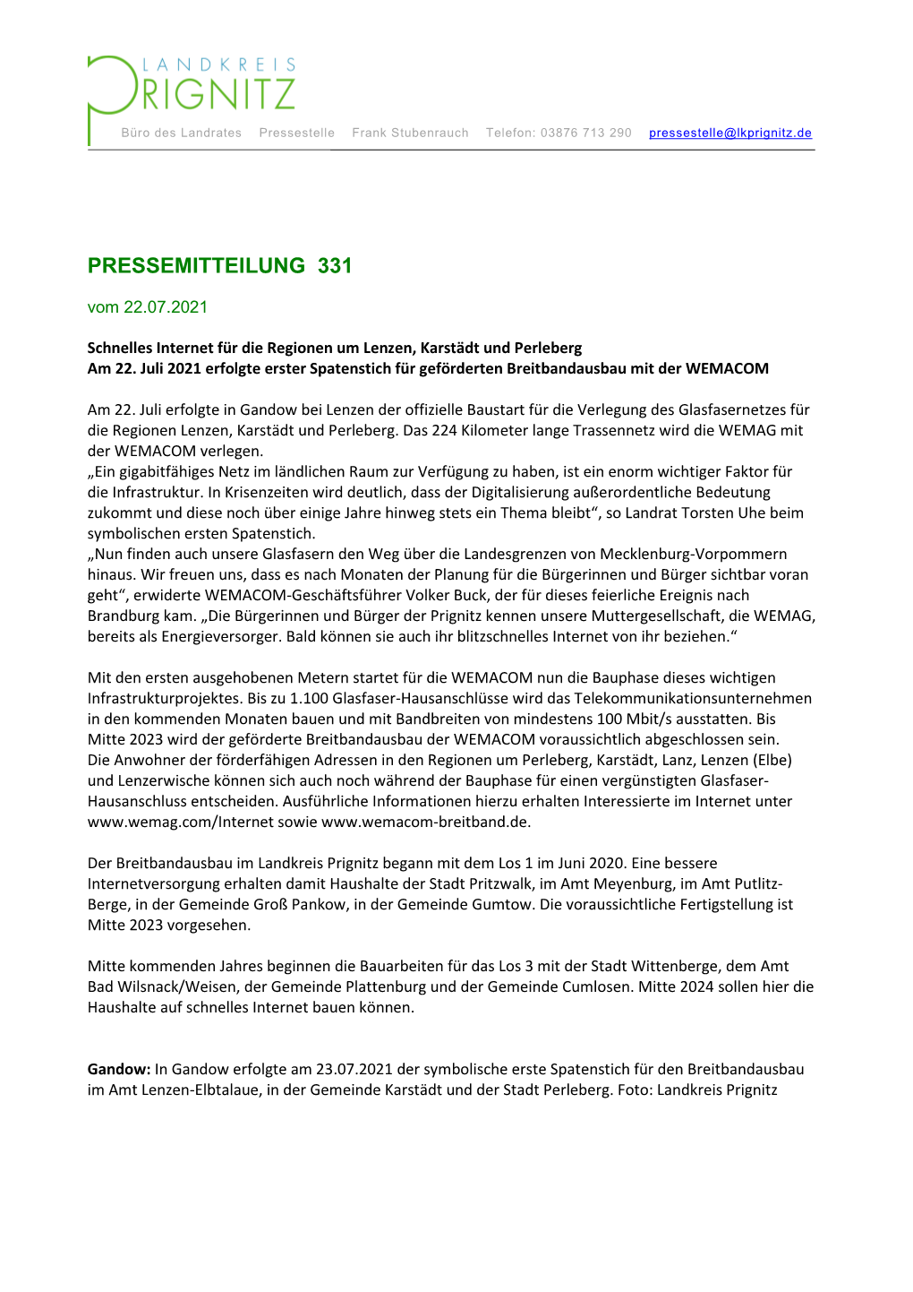 PRESSEMITTEILUNG 331 Vom 22.07.2021