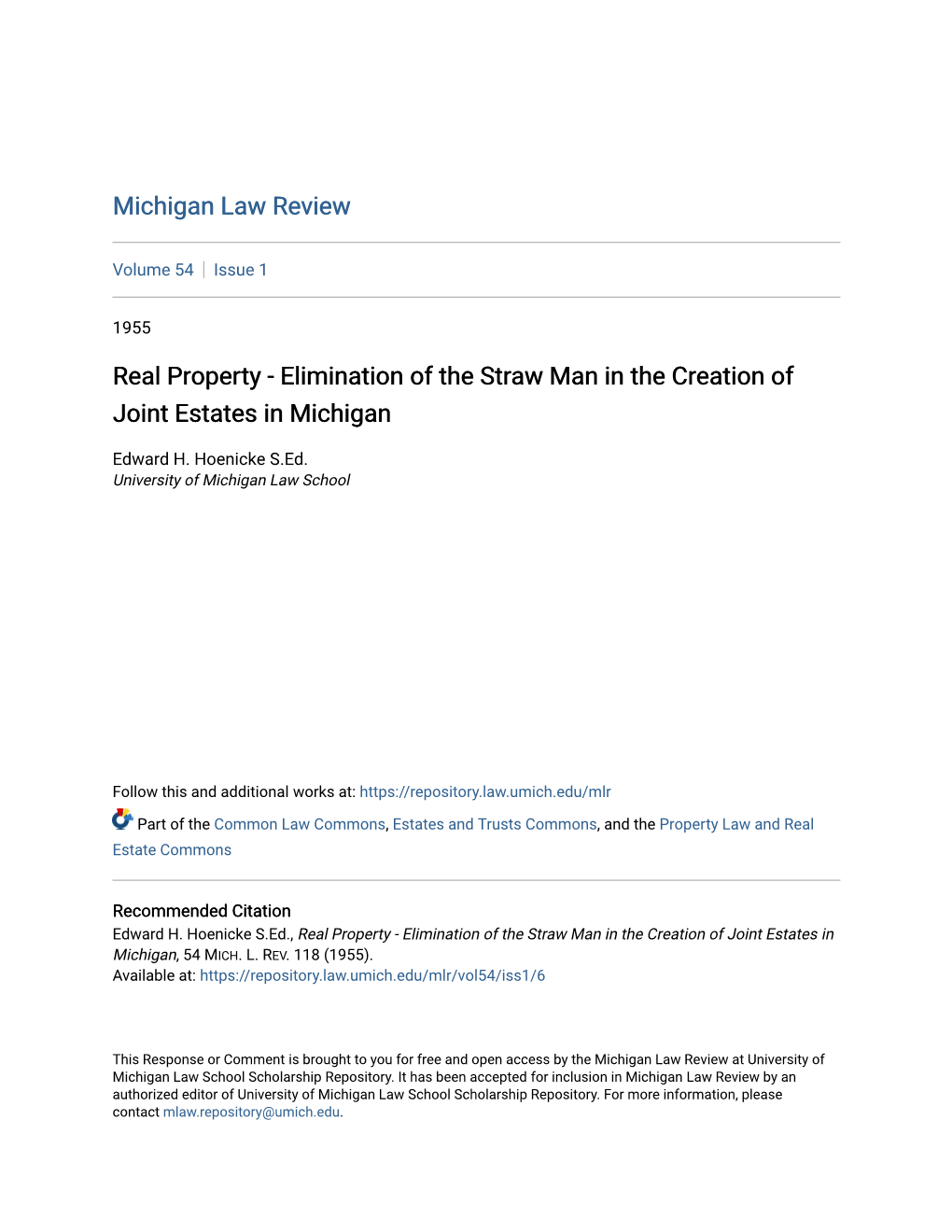 Real Property - Elimination of the Straw Man in the Creation of Joint Estates in Michigan