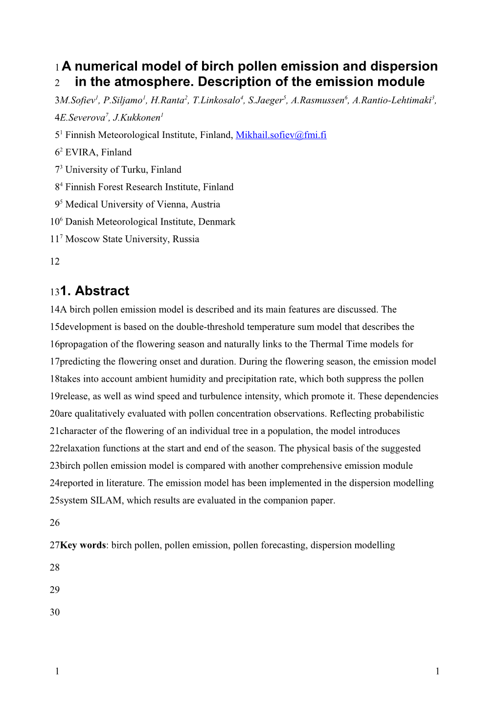 A Numerical Model of Birch Pollen Emission and Dispersion in the Atmosphere. Description