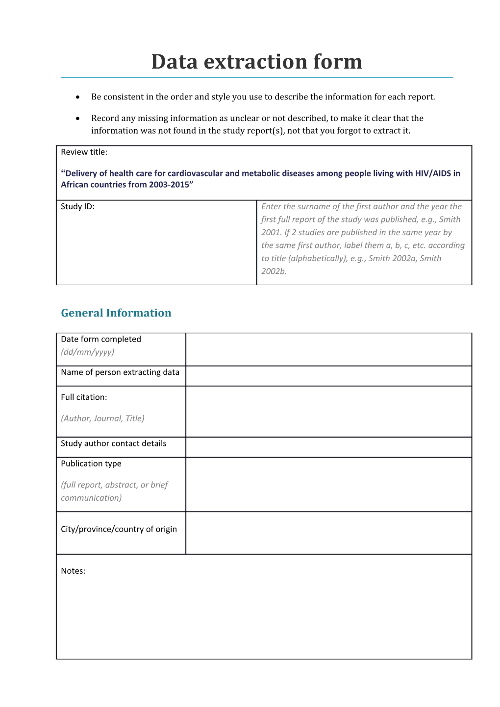 Data Extraction and Assessment Form - Template s1