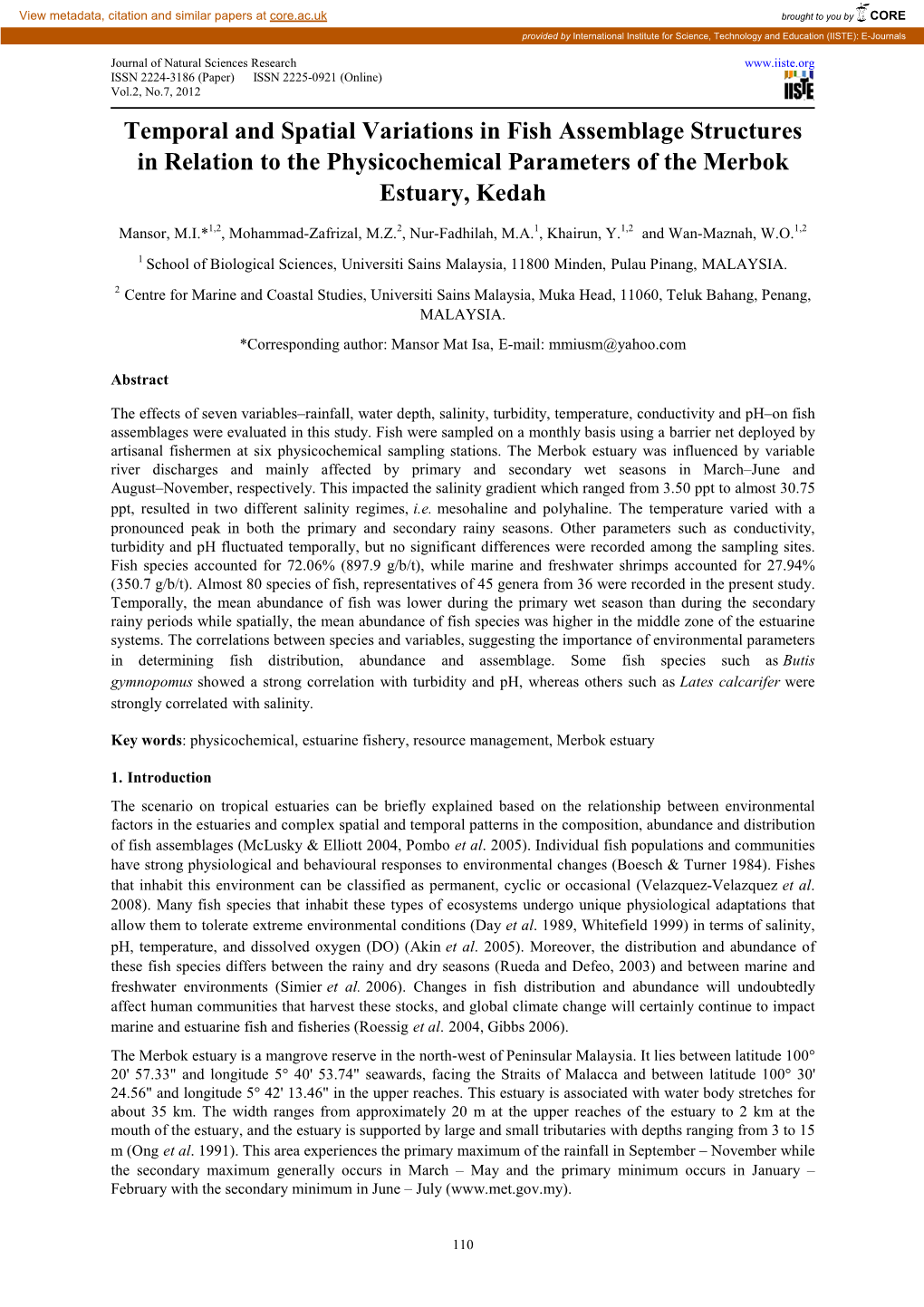 Temporal and Spatial Variations in Fish Assemblage Structures in Relation to the Physicochemical Parameters of the Merbok Estuary, Kedah