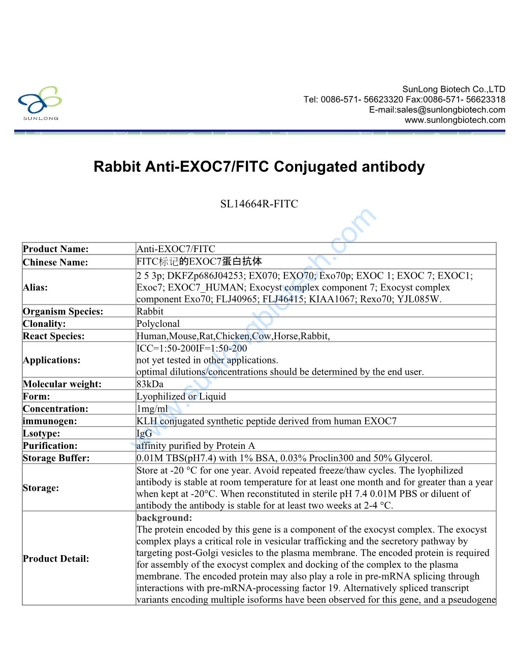 Rabbit Anti-EXOC7/FITC Conjugated Antibody-SL14664R-FITC