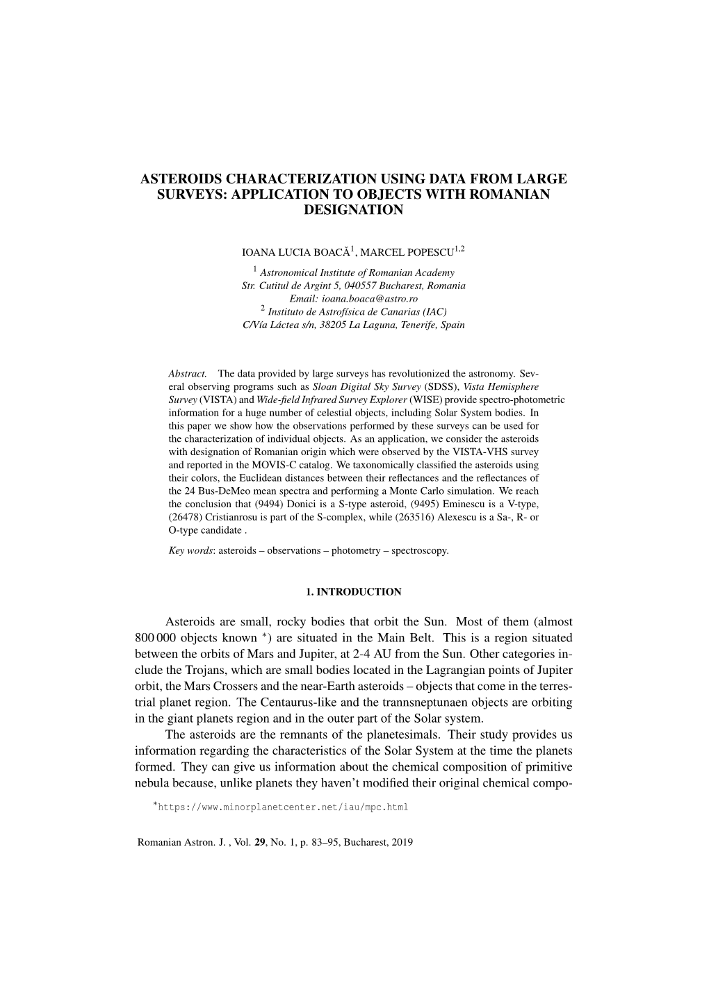 Asteroids Characterization Using Data from Large Surveys: Application to Objects with Romanian Designation