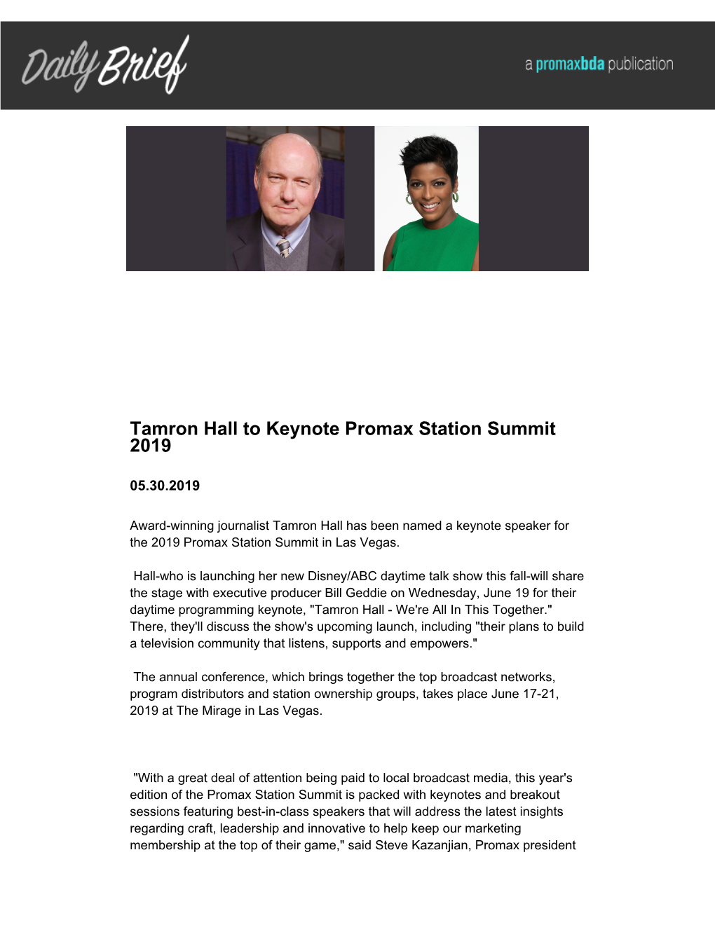Tamron Hall to Keynote Promax Station Summit 2019