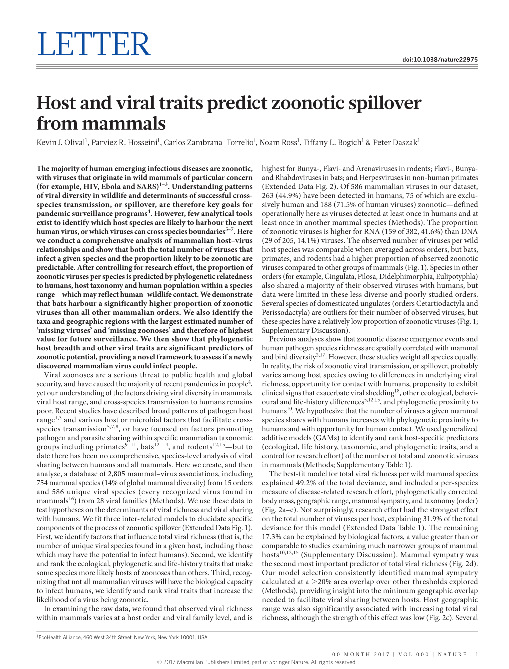 Host and Viral Traits Predict Zoonotic Spillover from Mammals Kevin J