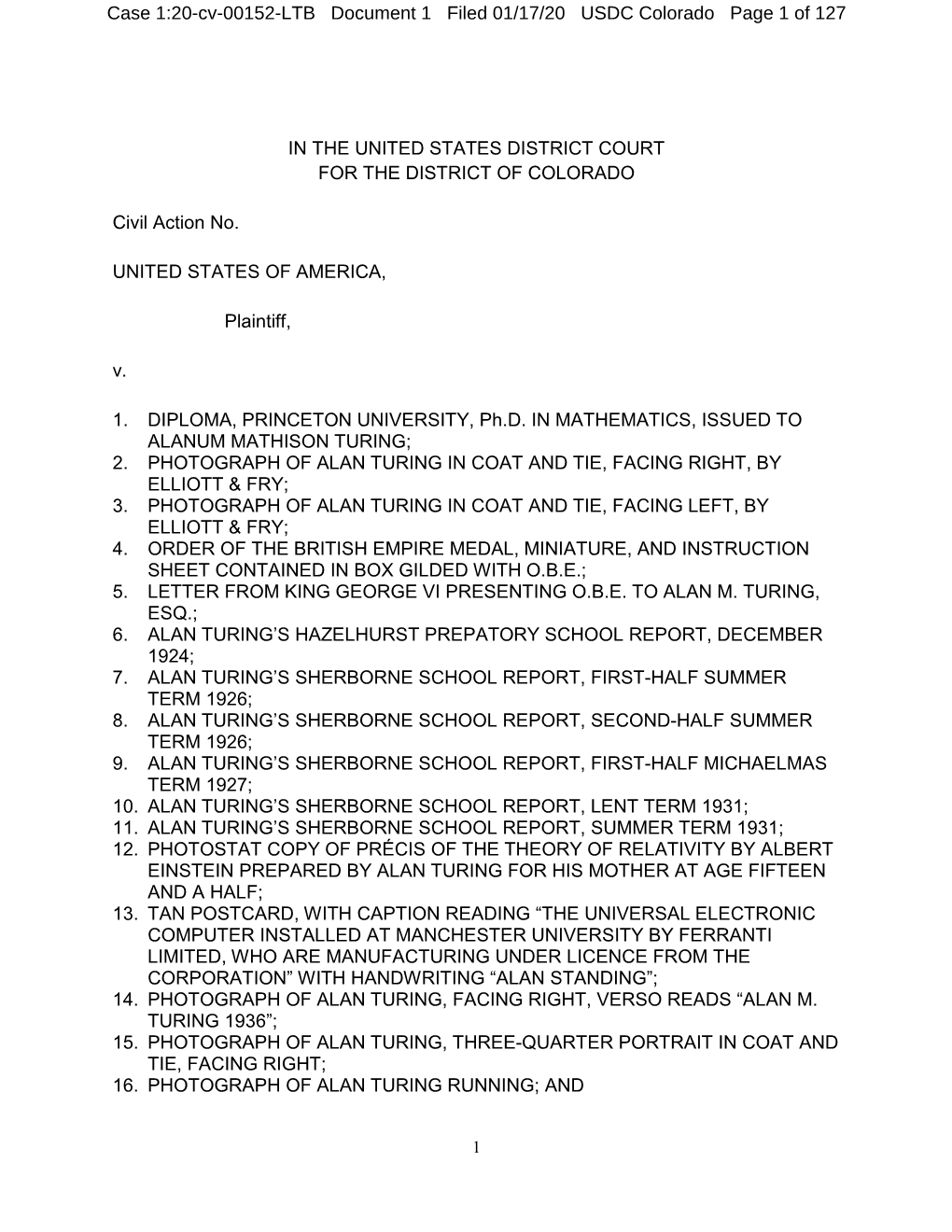 Case 1:20-Cv-00152-LTB Document 1 Filed 01/17/20 USDC Colorado Page 1 of 127