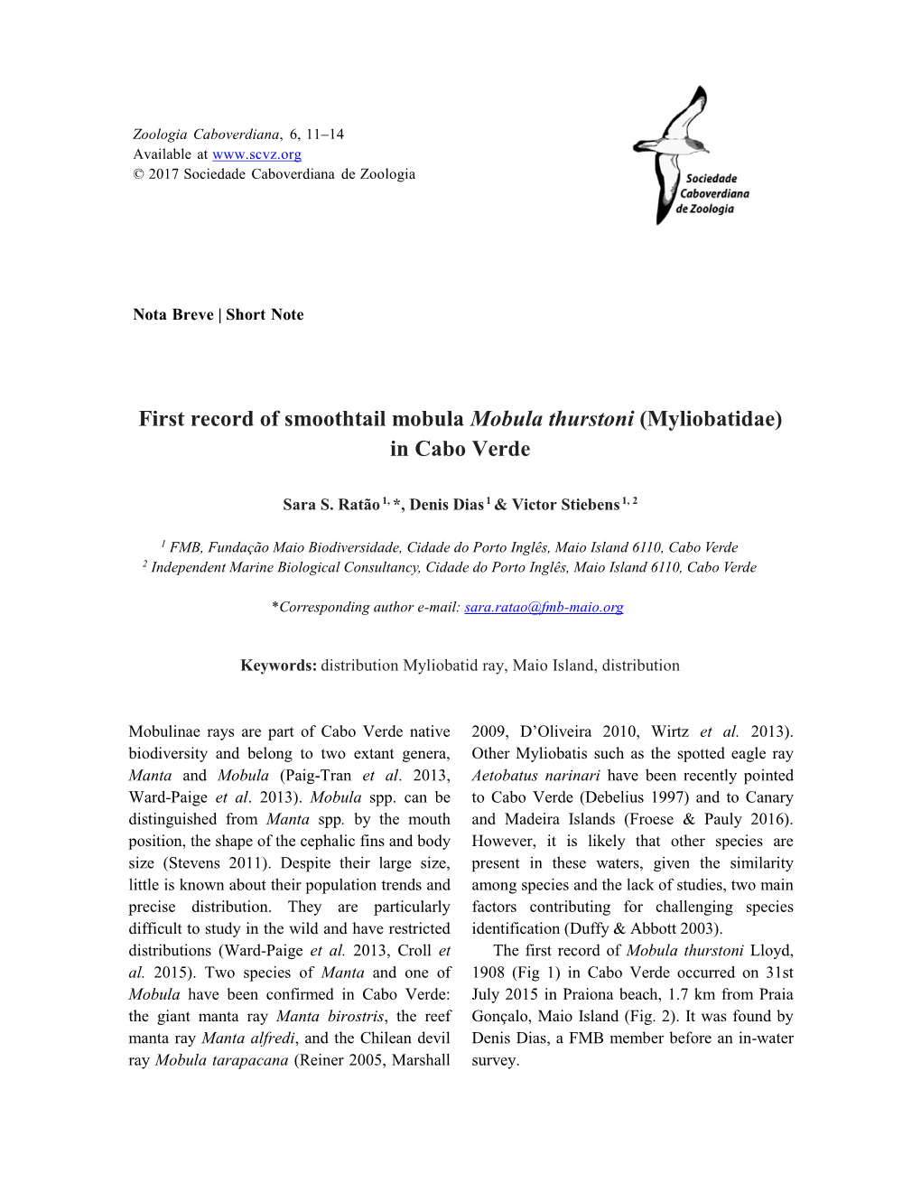 First Record of Smoothtail Mobula Mobula Thurstoni (Myliobatidae) in Cabo Verde