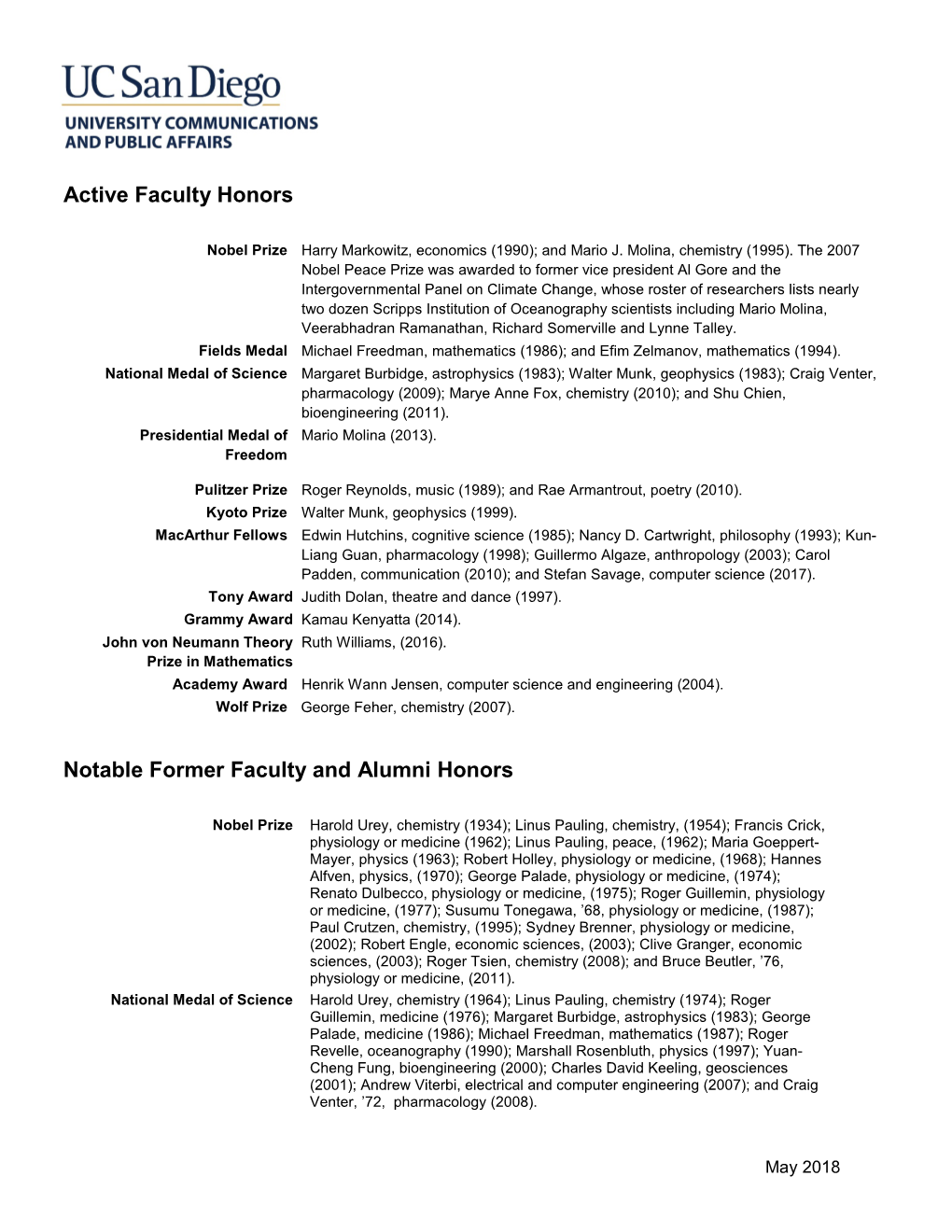 Active Faculty Honors Notable Former Faculty and Alumni Honors