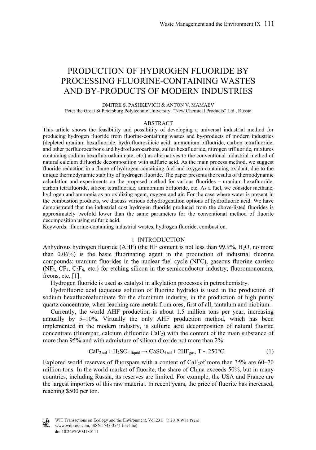 Production of Hydrogen Fluoride by Processing Fluorine-Containing Wastes and By-Products of Modern Industries