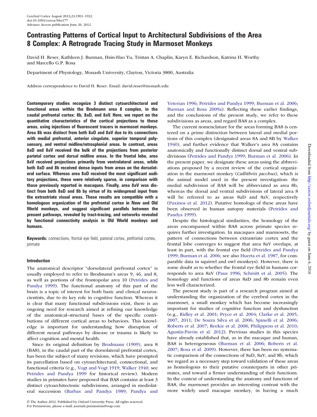 Contrasting Patterns of Cortical Input to Architectural Subdivisions of the Area 8 Complex: a Retrograde Tracing Study in Marmoset Monkeys