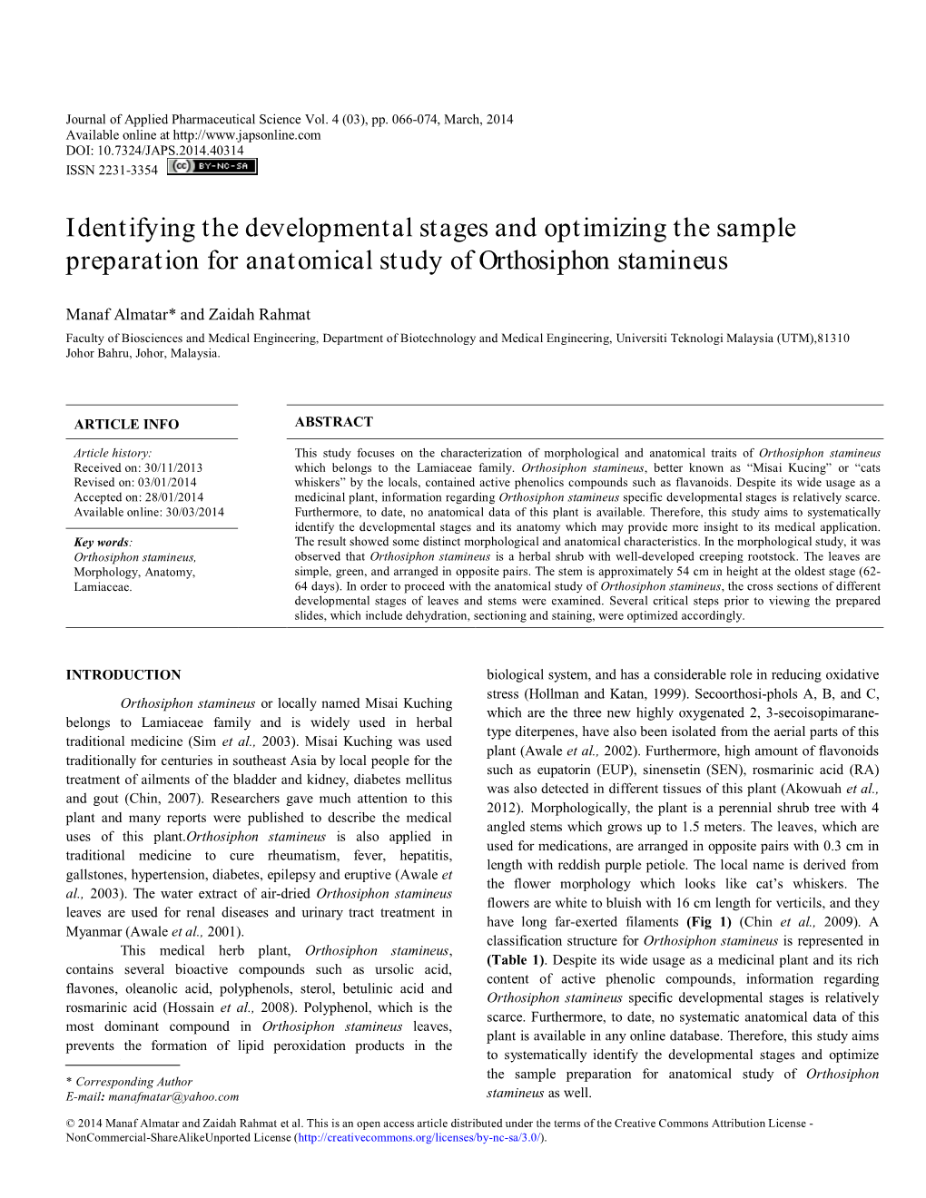 Identifying the Developmental Stages and Optimizing the Sample Preparation for Anatomical Study of Orthosiphon Stamineus