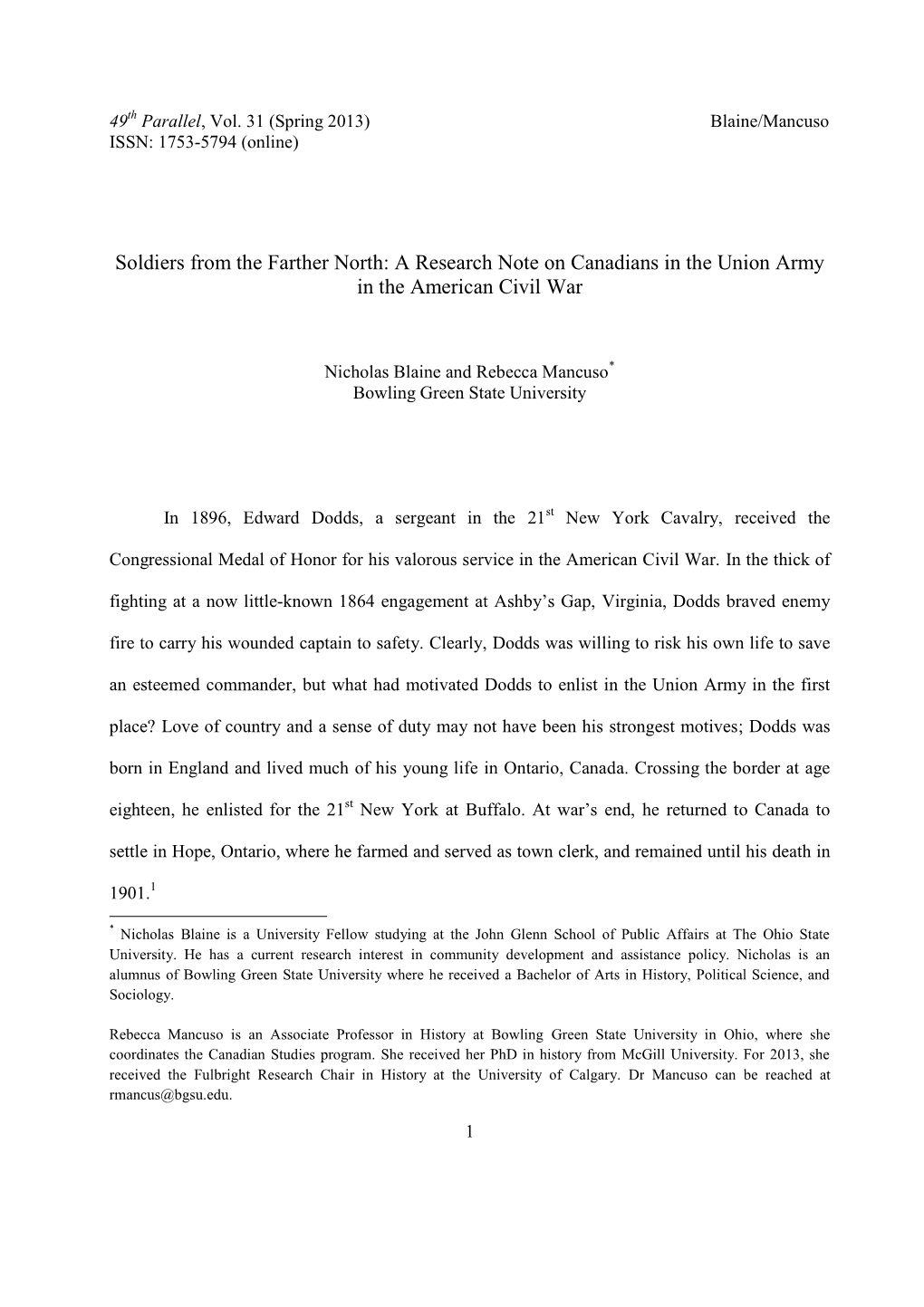 Soldiers from the Farther North: a Research Note on Canadians in the Union Army in the American Civil War
