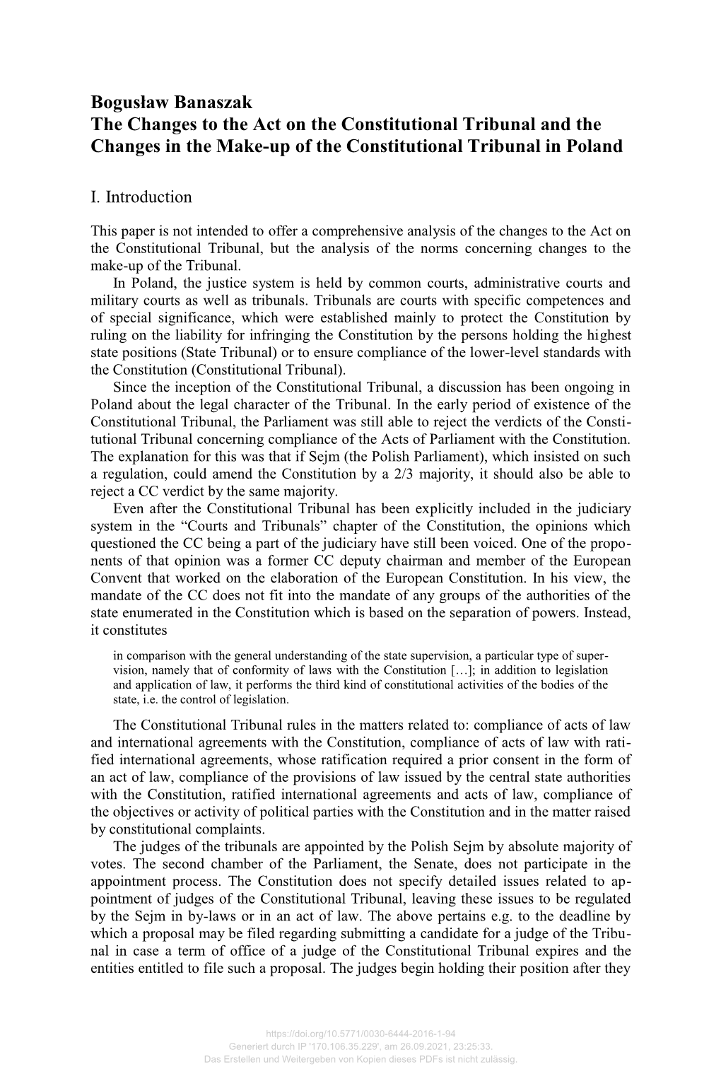 Bogusław Banaszak the Changes to the Act on the Constitutional Tribunal and the Changes in the Make-Up of the Constitutional Tribunal in Poland