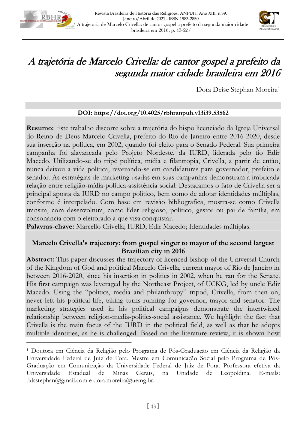 A Trajetória De Marcelo Crivella: De Cantor Gospel a Prefeito Da Segunda Maior Cidade Brasileira Em 2016, P