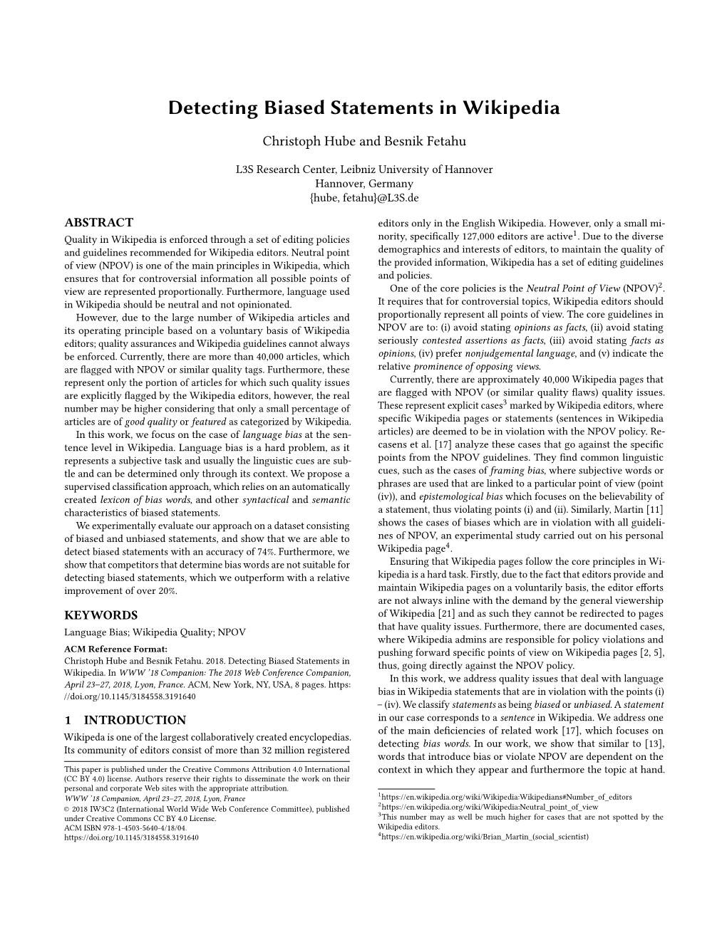 Detecting Biased Statements in Wikipedia