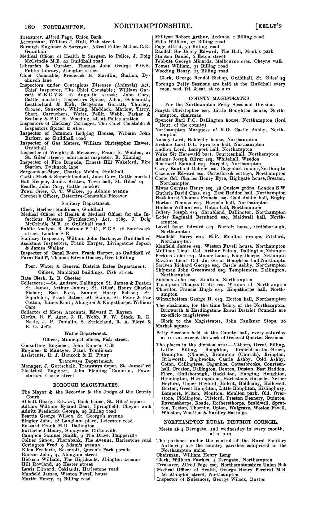 NORTHAMPTONSHIRE. [KELLY's Traasurer, Alfred Page, Union Bank Milligan Robert .A.Rthur, .Ardmae, 1 Billing Road Accountant, William J