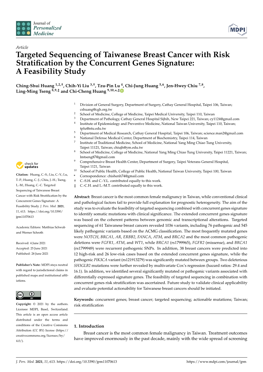 Targeted Sequencing of Taiwanese Breast Cancer with Risk Stratiﬁcation by the Concurrent Genes Signature: a Feasibility Study