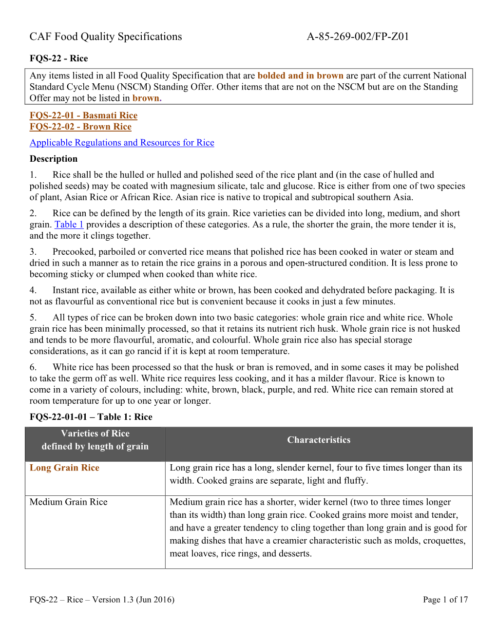 CAF Food Quality Specifications A-85-269-002/FP-Z01