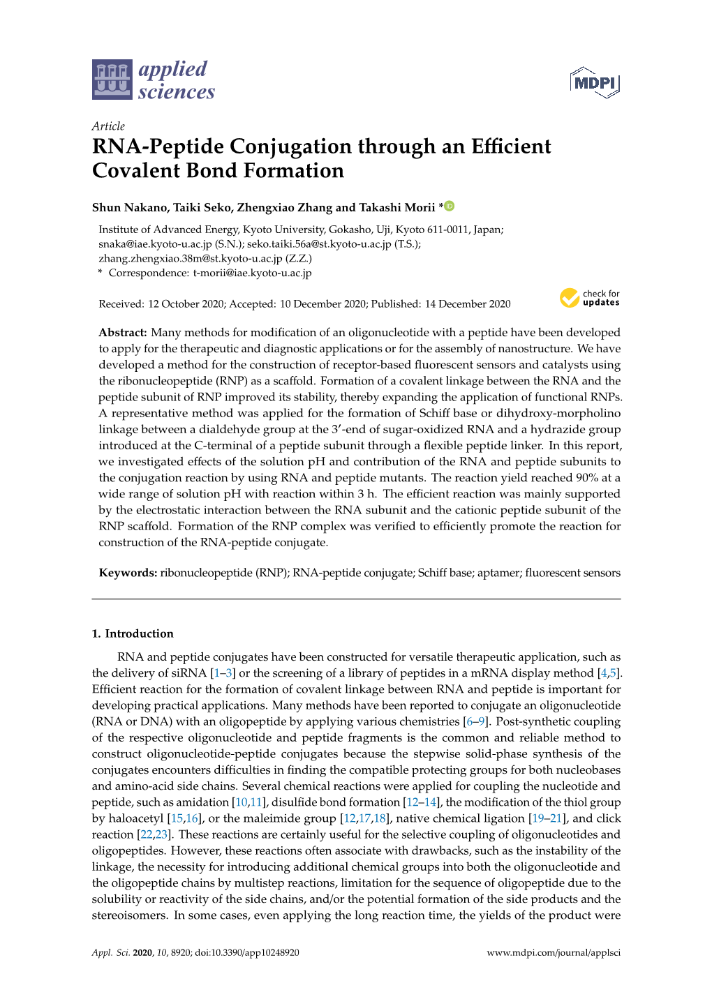 RNA-Peptide Conjugation Through an Efficient Covalent Bond Formation