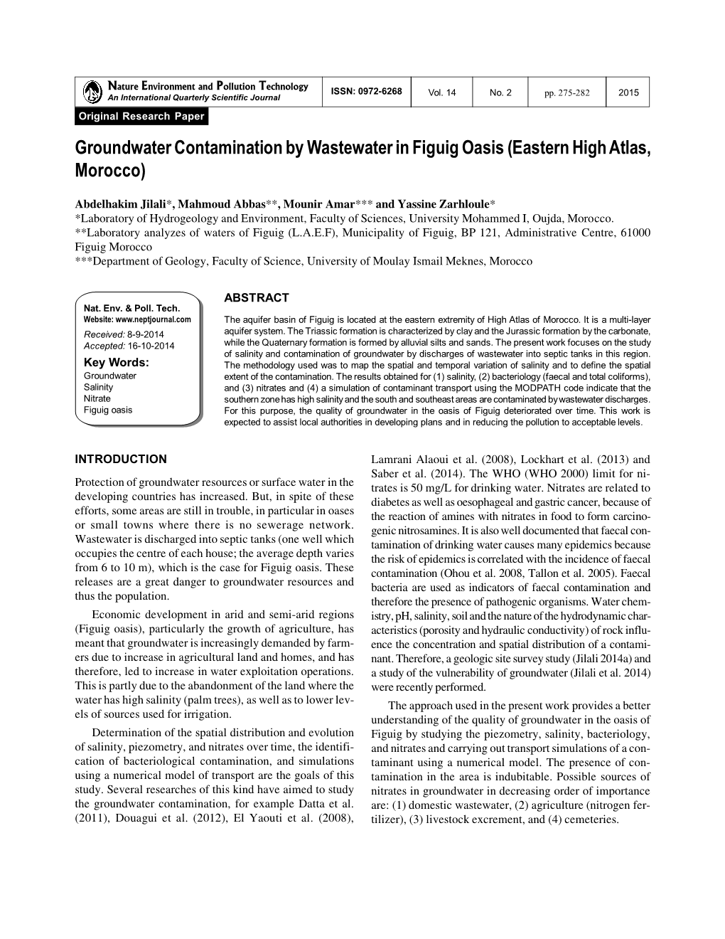 Groundwater Contamination by Wastewater in Figuig Oasis (Eastern High Atlas, Morocco)