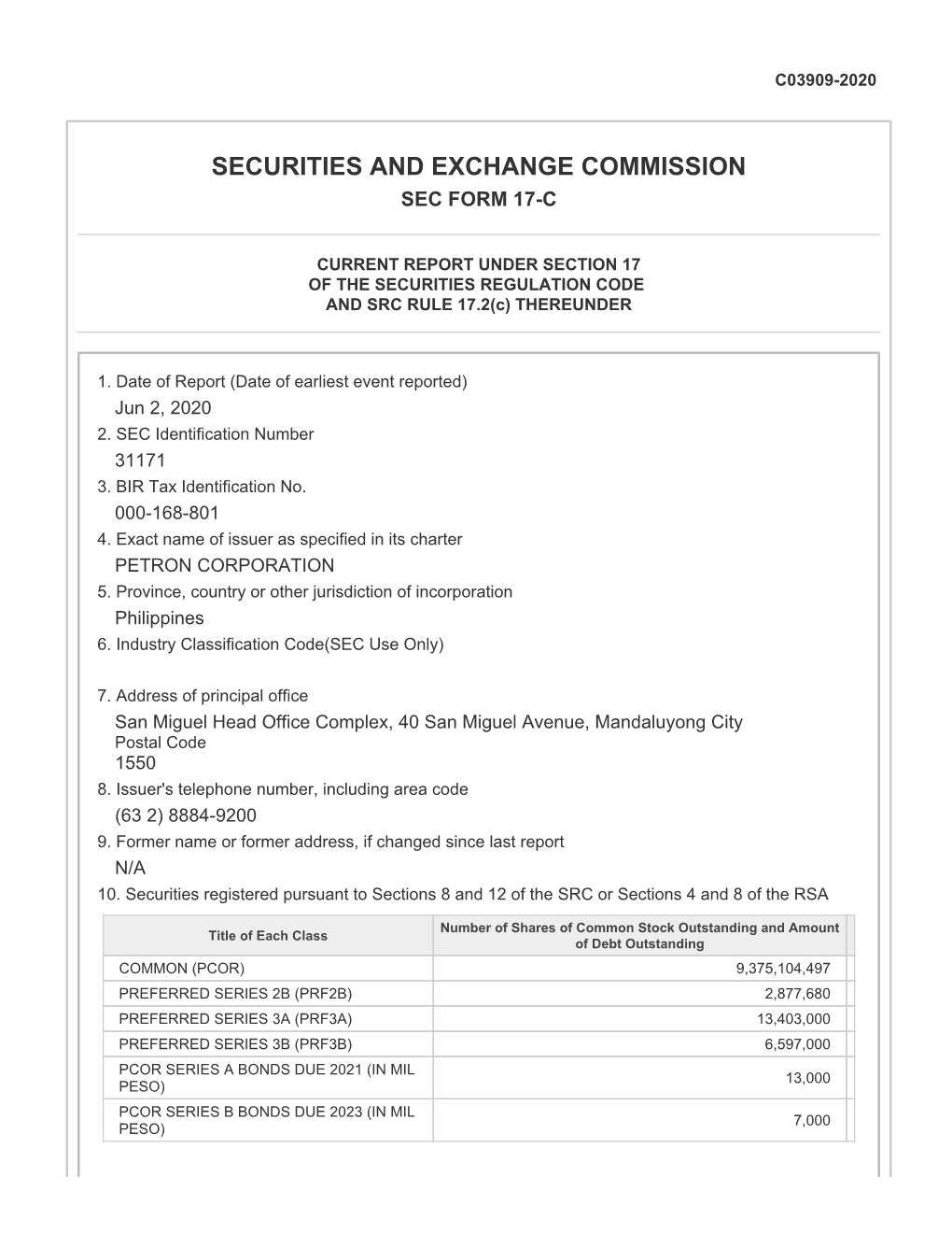 Securities and Exchange Commission Sec Form 17-C