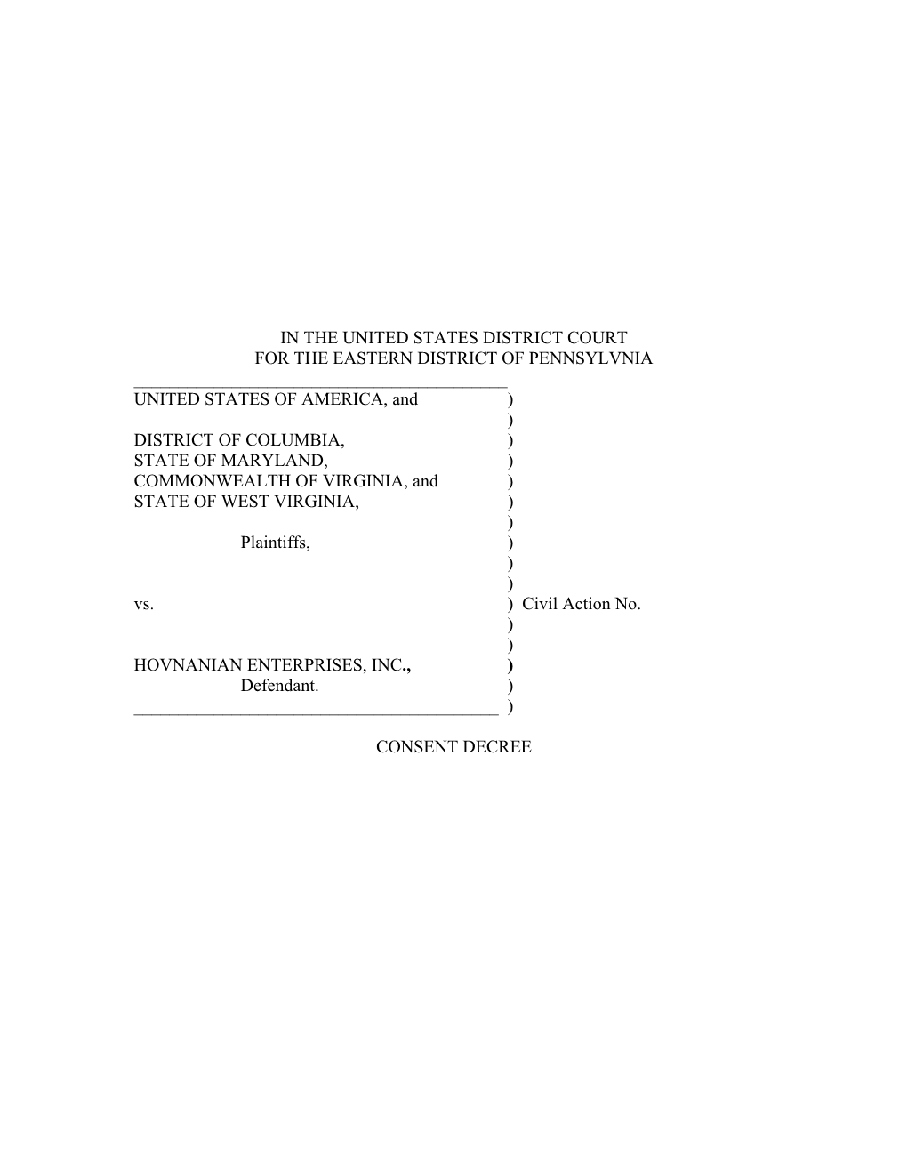 "Consent Decree: United States of America, Et Al. V. Hovnanian