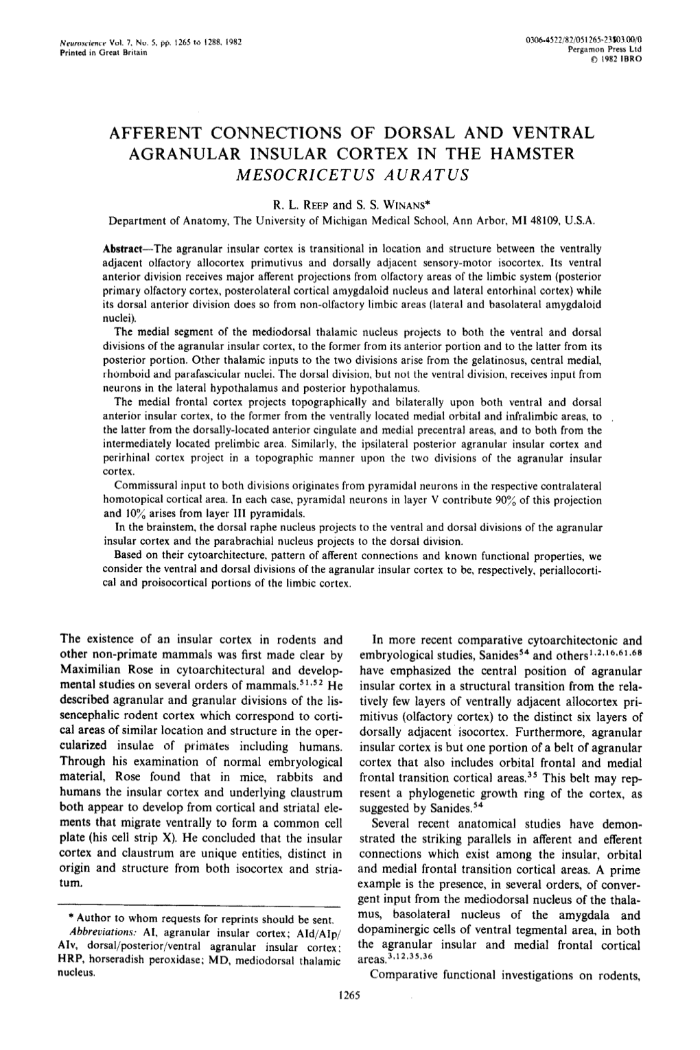 Afferent Connections of Dorsal and Ventral Agranular Insular Cortex in the Hamster Mesocricetus Auratus