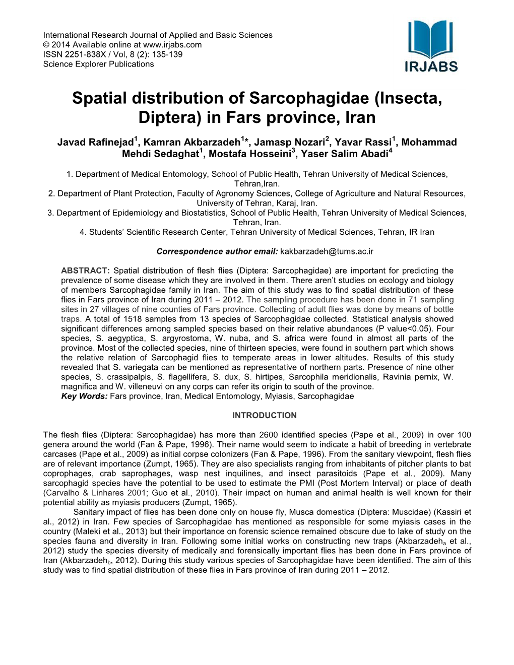 Spatial Distribution of Sarcophagidae (Insecta, Diptera) in Fars Province, Iran