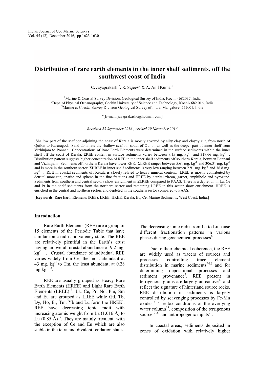 Distribution of Rare Earth Elements in the Inner Shelf Sediments, Off the Southwest Coast of India