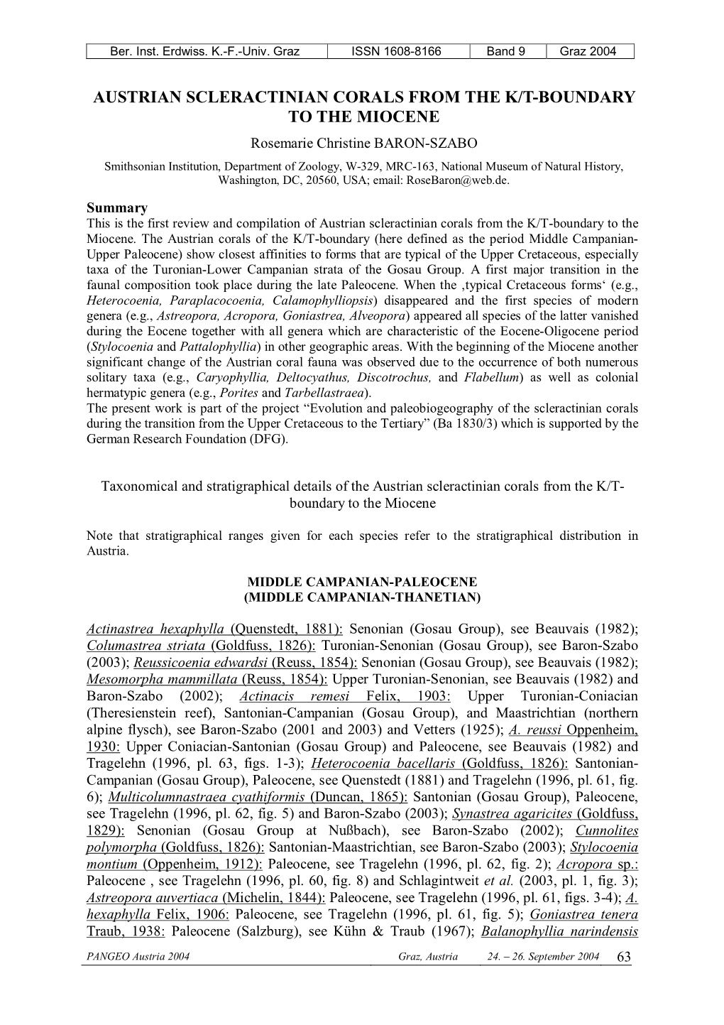 Austrian Scleractinian Corals from the K/T-Boundary to the Miocene