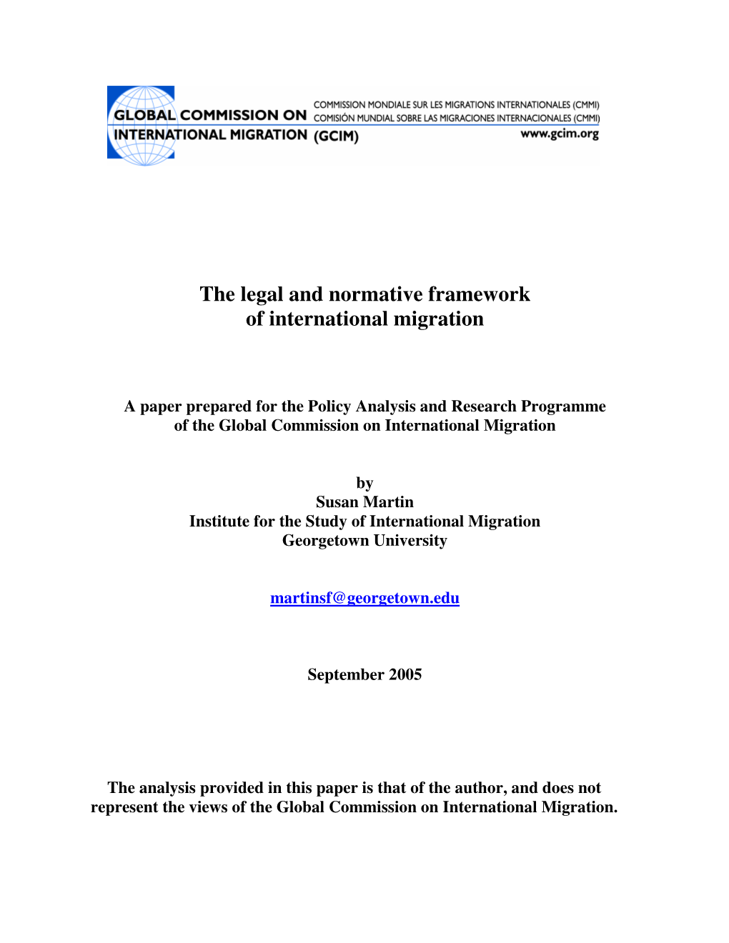 The Legal and Normative Framework of International Migration