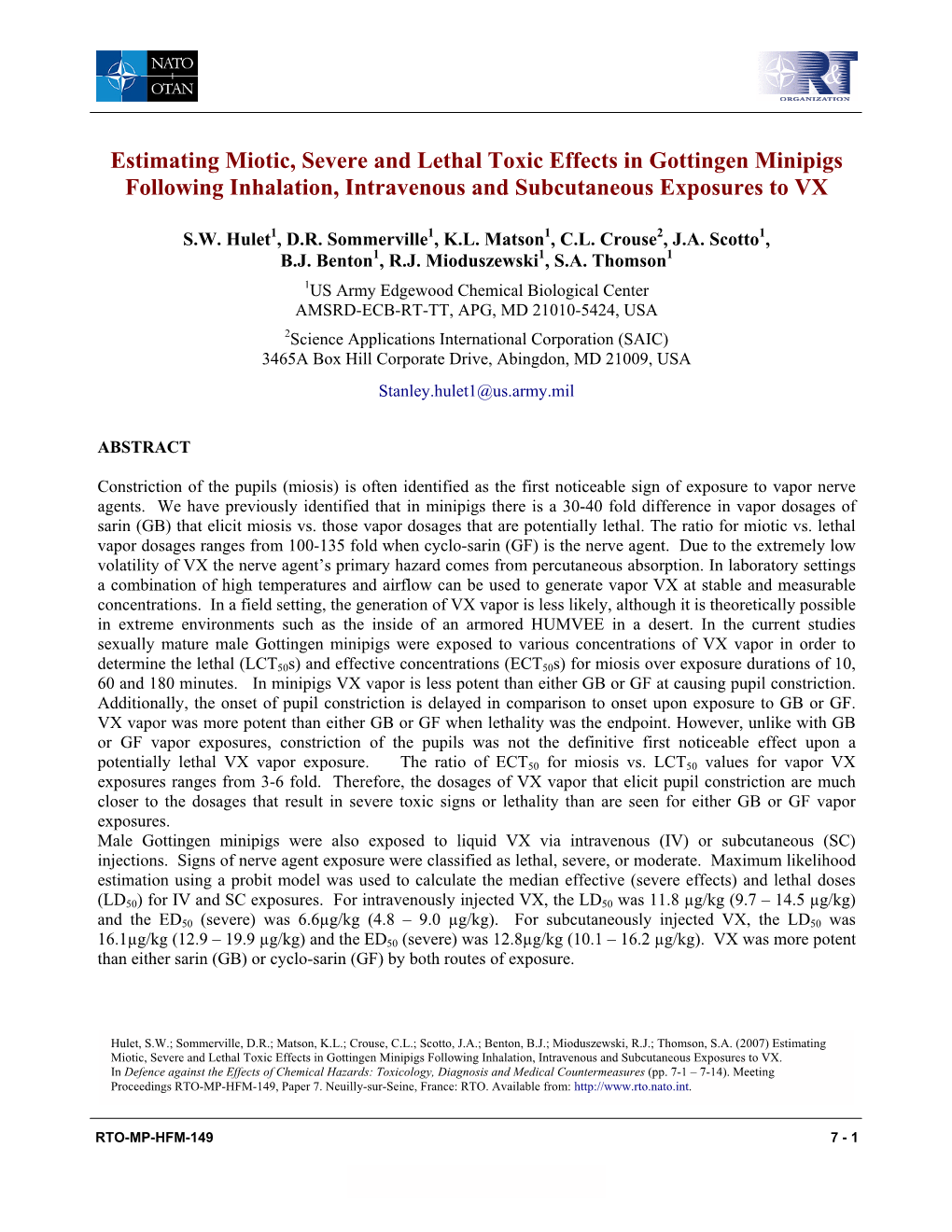 Estimating Miotic, Severe and Lethal Toxic Effects in Gottingen Minipigs Following Inhalation, Intravenous and Subcutaneous Exposures to VX