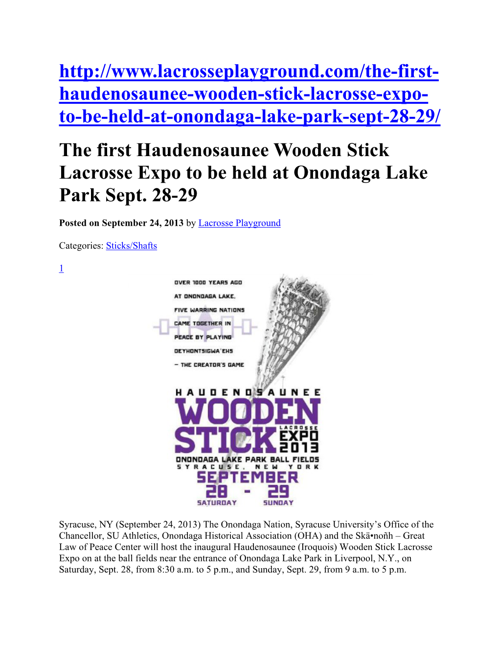 The First Haudenosaunee Wooden Stick Lacrosse Expo to Be Held at Onondaga Lake Park Sept