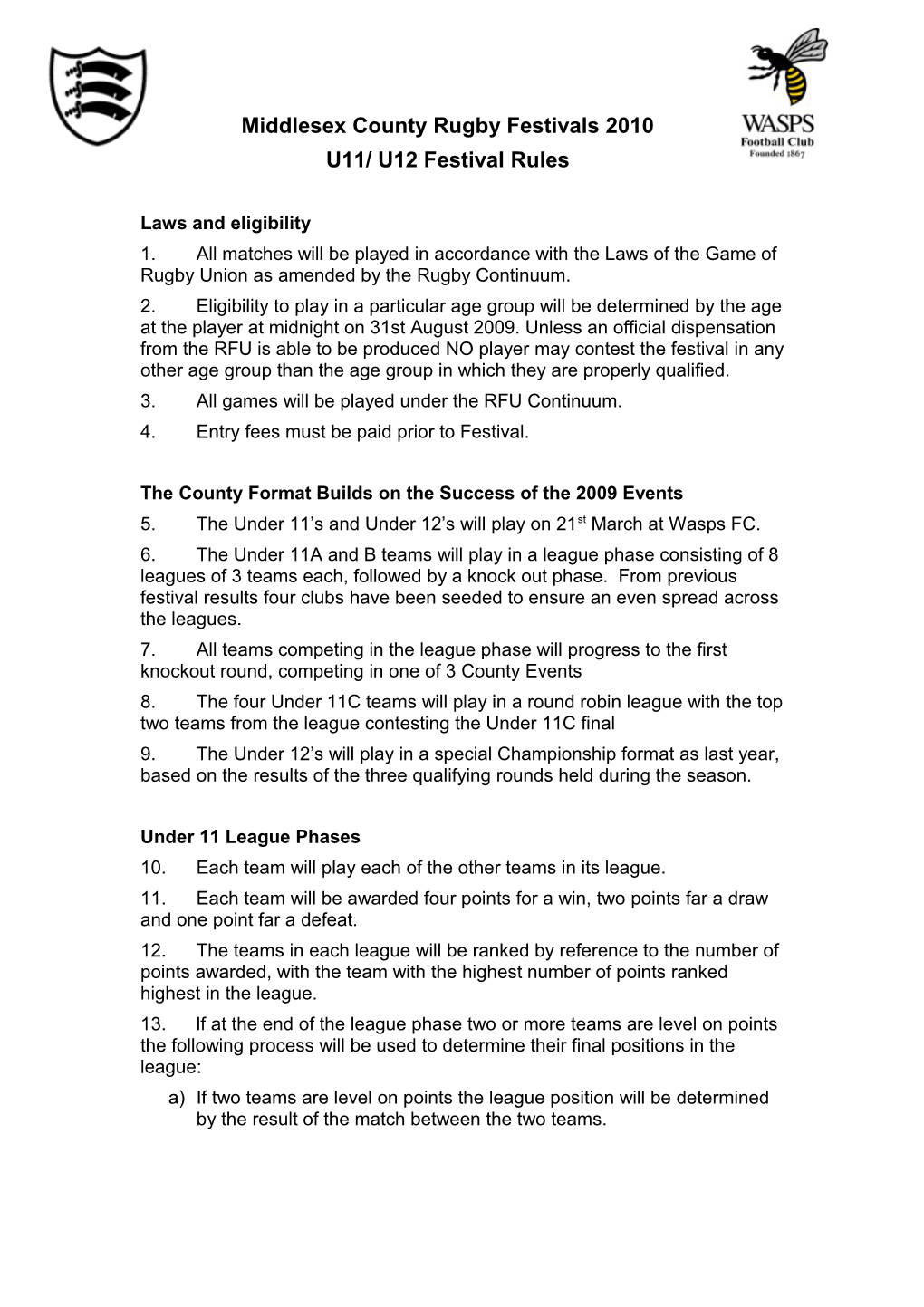 MIDDLESEX County Festivals 2009 Un / U12 RUGBY FESTIVAL RULES