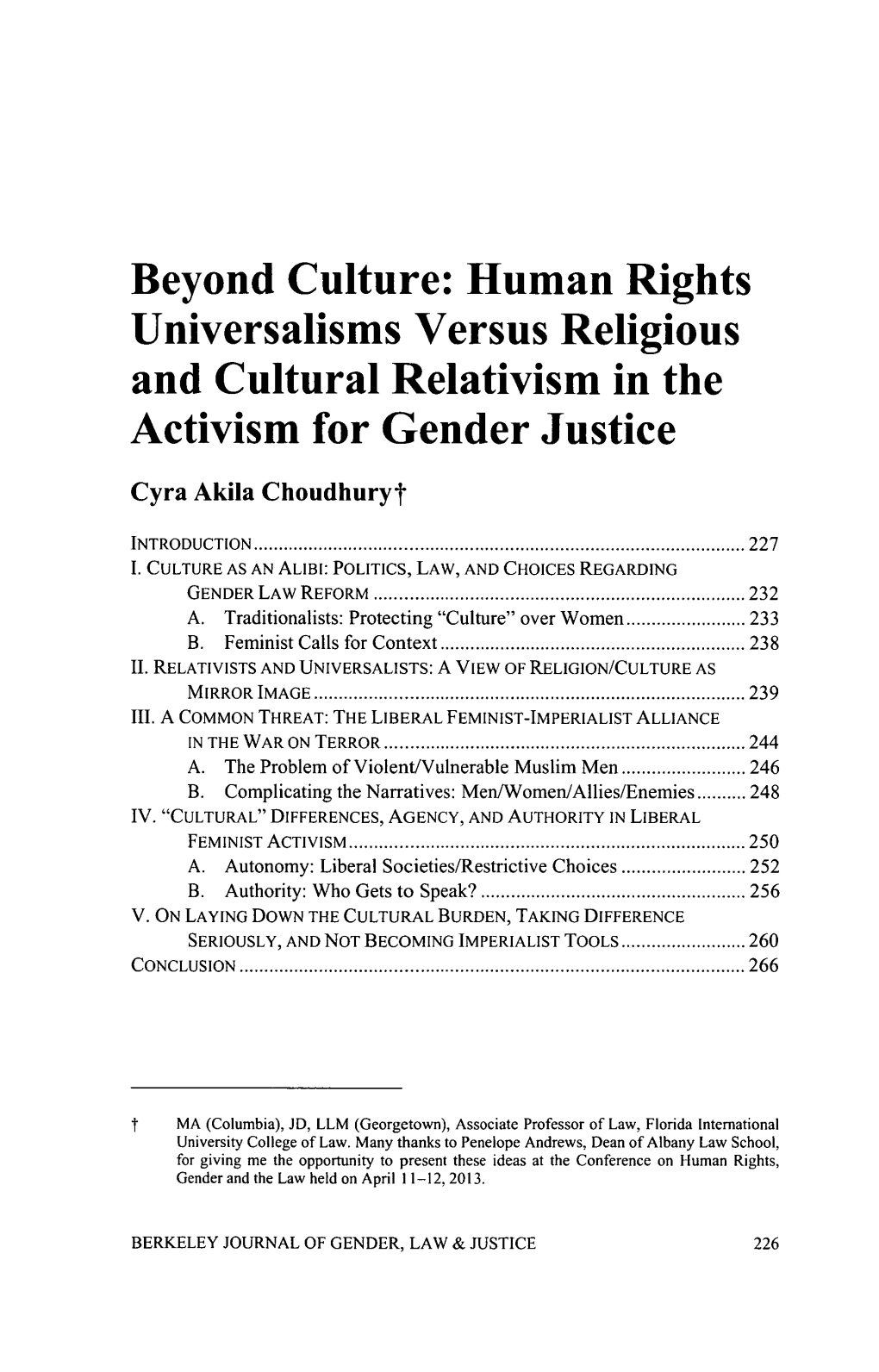 Beyond Culture: Human Rights Universalisms Versus Religious and Cultural Relativism in the Activism for Gender Justice
