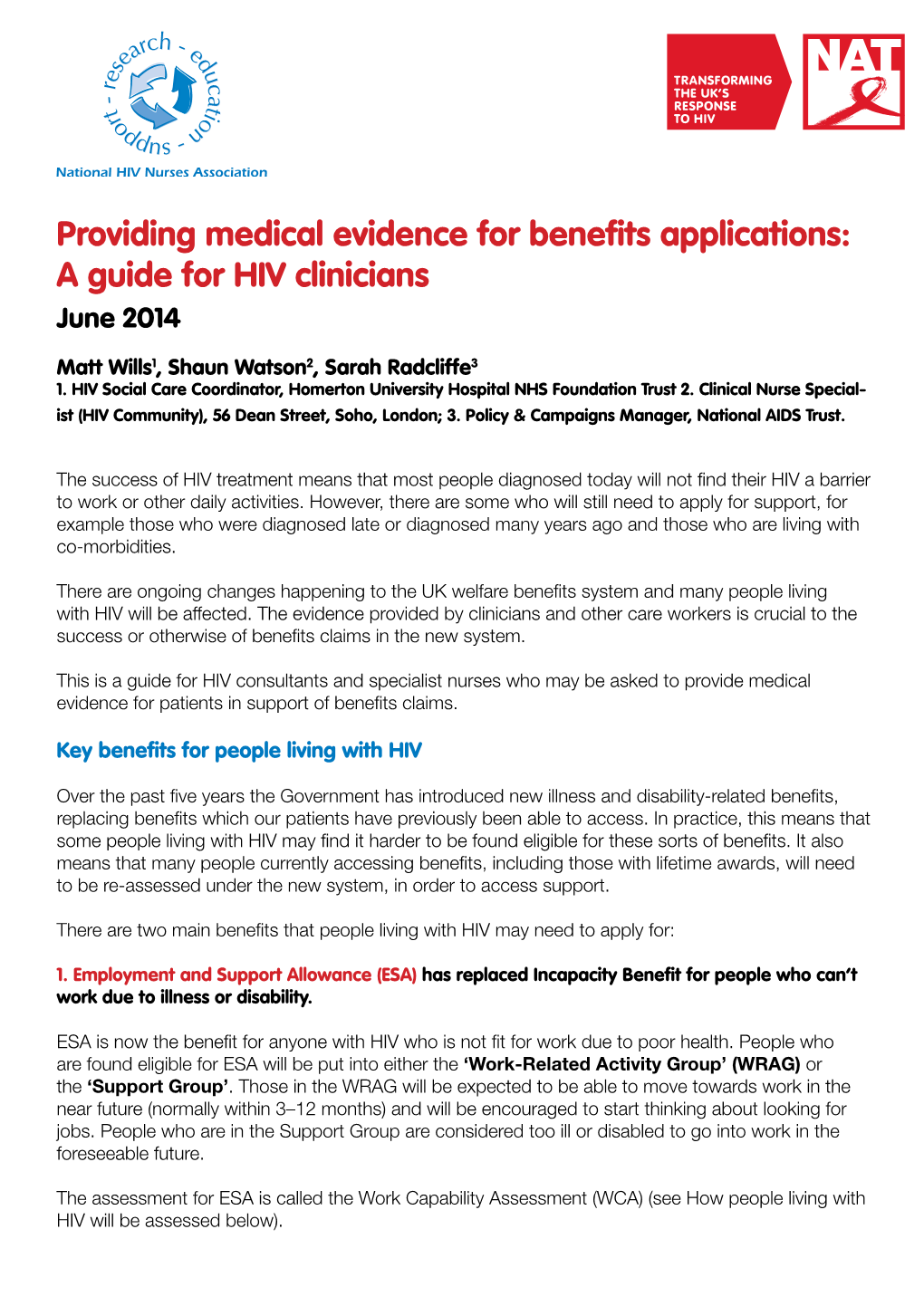 Providing Medical Evidence for Benefits Applications: a Guide for HIV Clinicians June 2014