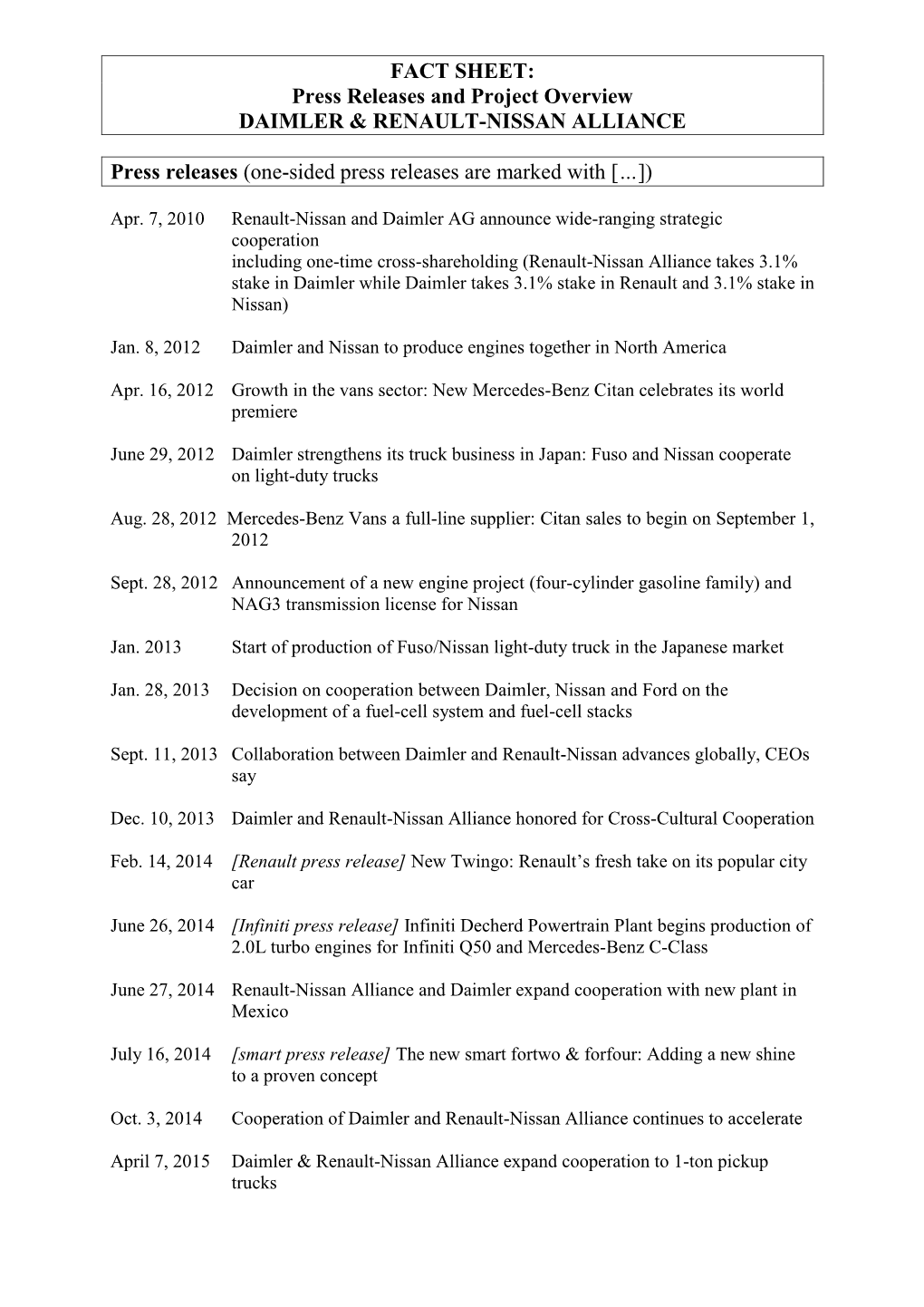 Fact Sheet:Press Releases and Project Overview Daimler & Renault