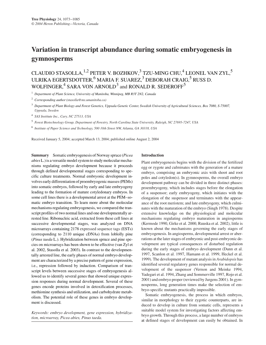 Variation in Transcript Abundance During Somatic Embryogenesis in Gymnosperms