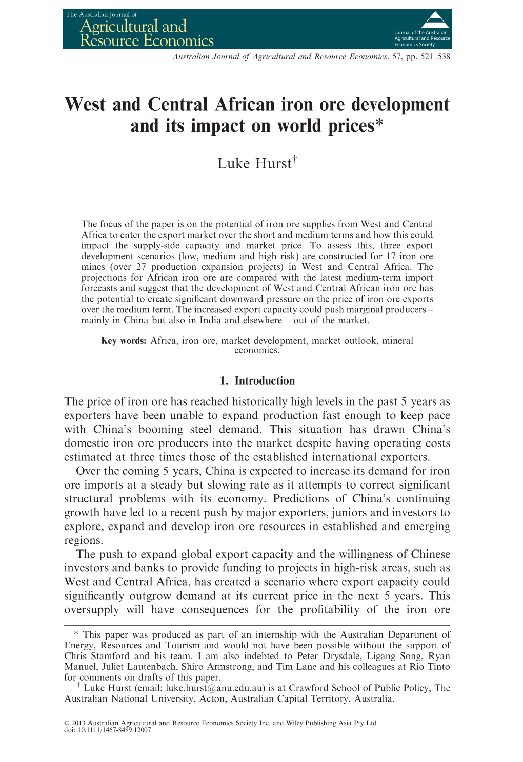 West and Central African Iron Ore Development and Its Impact on World Prices*