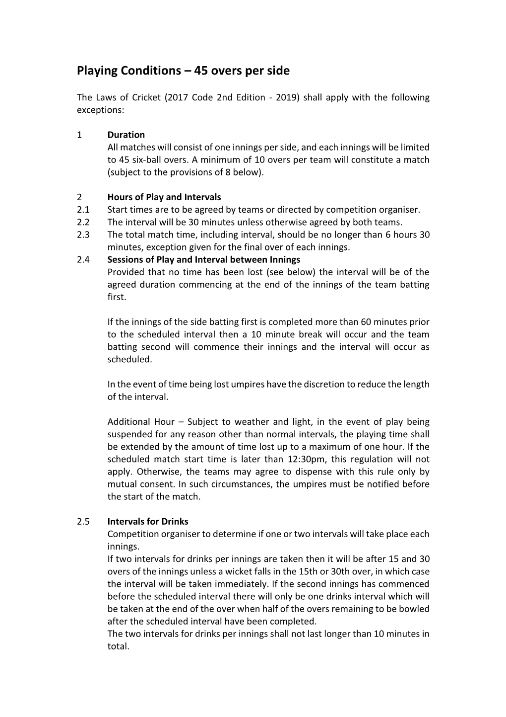 Playing Conditions – 45 Overs Per Side