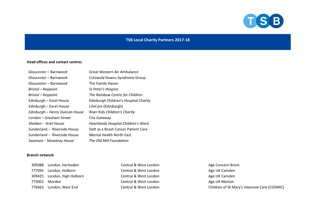 TSB Local Charity Partners 2017-18