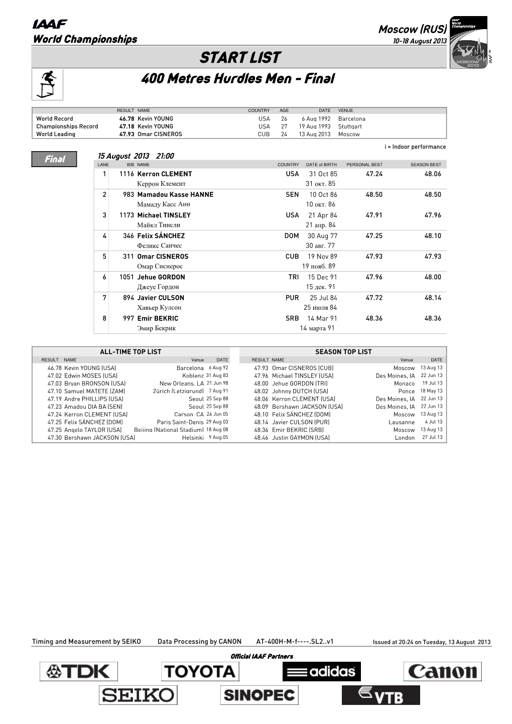 START LIST 400 Metres Hurdles Men - Final