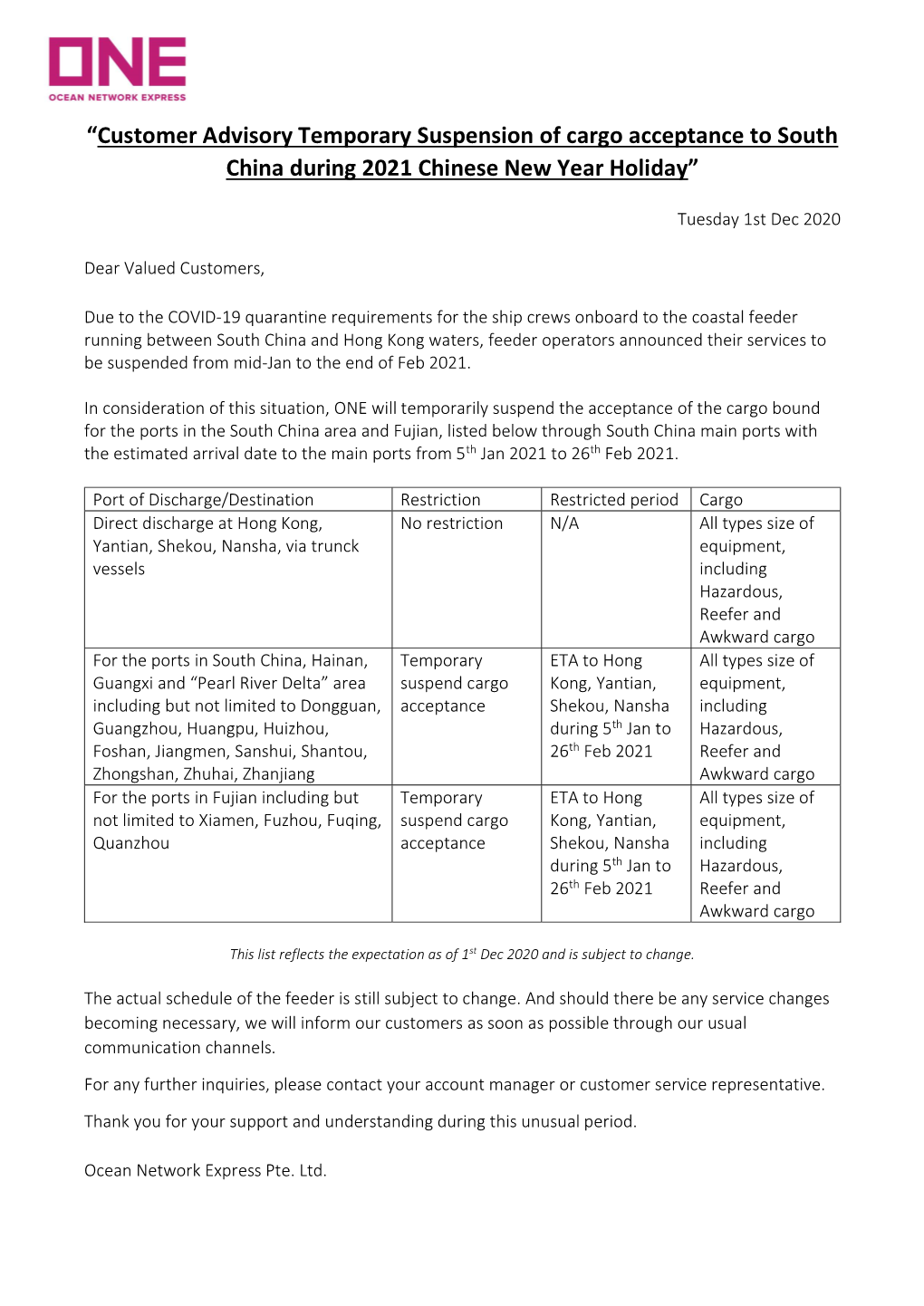 “Customer Advisory Temporary Suspension of Cargo Acceptance to South China During 2021 Chinese New Year Holiday”