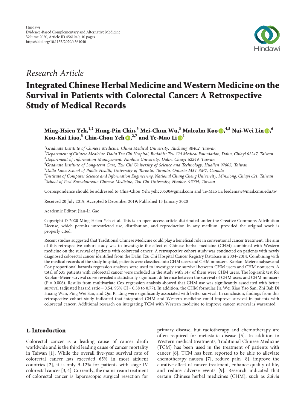 Integrated Chinese Herbal Medicine and Western Medicine on the Survival in Patients with Colorectal Cancer: a Retrospective Study of Medical Records